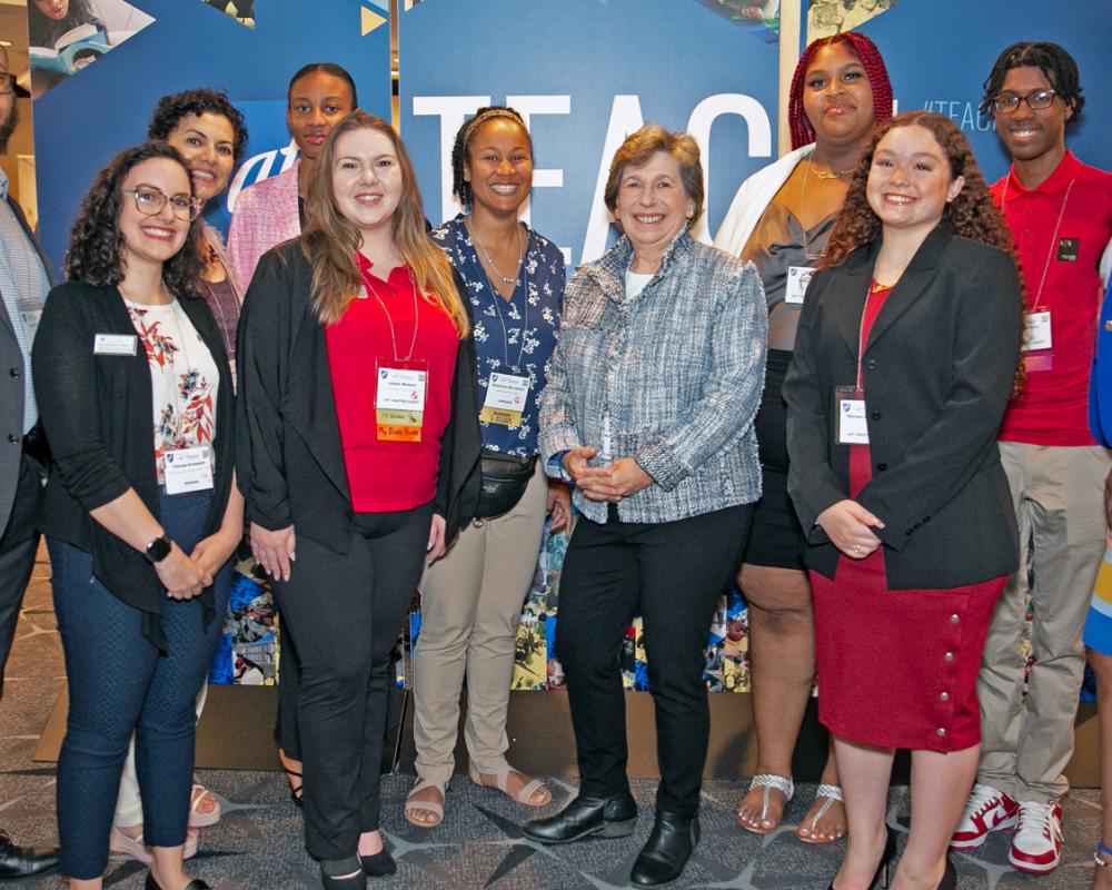 Photo of AFT President Randi Weingarten, center, with students and educators attending the AFT’s TEACH conference in Washington, D.C., July 21.
