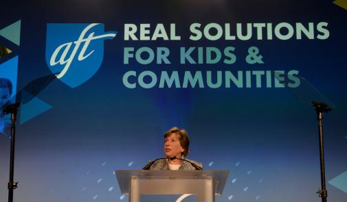 Photo of AFT President Randi Weingarten delivering the keynote address at TEACH 2023