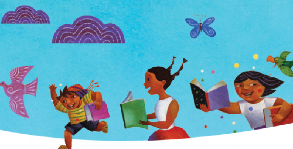 Illustration of children running with books